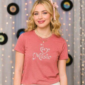 Love Music Tee Size XL Rhinestone Graphic Light Red Pink Short Sleeve Top Glam